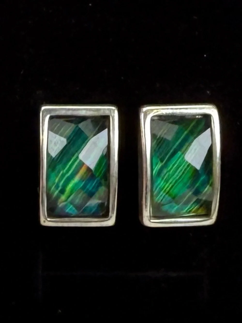 Vintage Aged Silvertone Green Stud Pierced Earrings